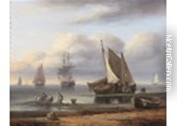 Beached Fishing Boats With Fishermen Hauling Nets, Sailing Ships At Anchor Beyond Oil Painting - Thomas Luny