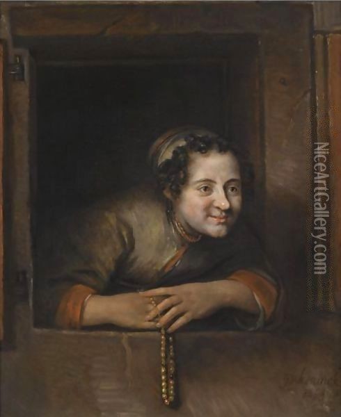 A young woman leaning out of a window, holding a pearl necklace Oil Painting - Philips Koninck