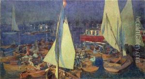 Bootsgesellschaft Am Abend Oil Painting - Heine Rath