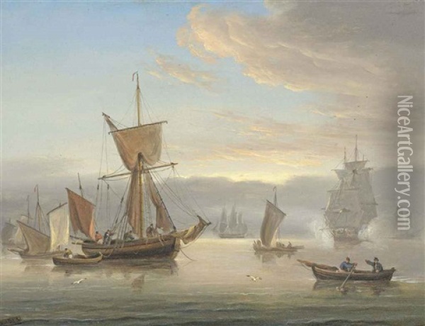 A Royal Navy Frigate Firing A Salute To Announce Her Arrival At The Anchorage Oil Painting - Thomas Luny