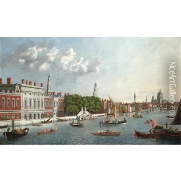 A View Of Vessels On The River Thames With St. Paul's In The Distance Oil Painting - William James