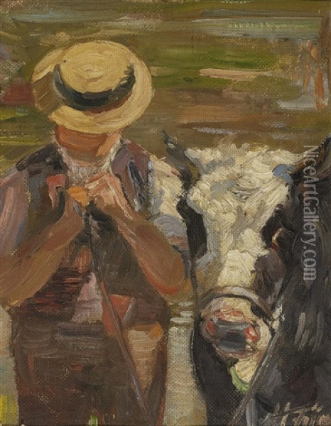 Shepherd Boy With Young Cattle Oil Painting - Heinrich von Zuegel