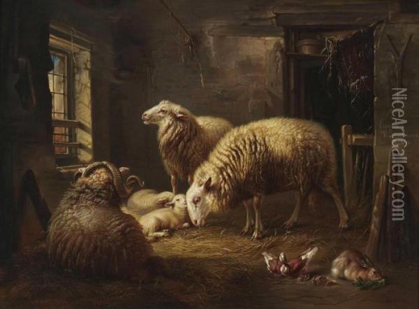 Schafe Und Lammer Im Stall. Oil Painting - Eugene Joseph Verboeckhoven