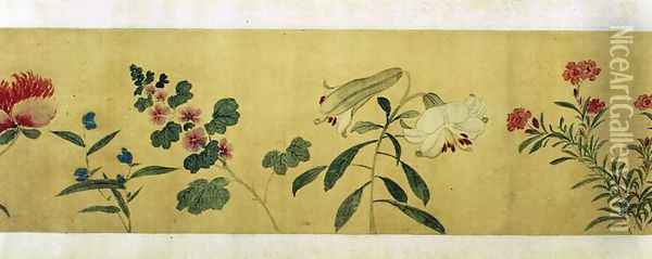 A detail of flowers from a handscroll of a Hundred Flowers, 1562 Oil Painting - Guxiang Wang