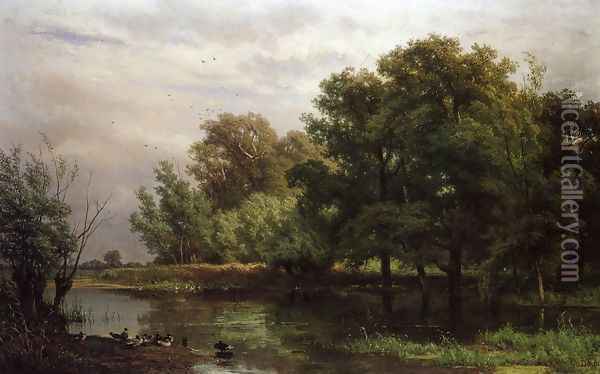A Wooded River Landscape with Ducks on a Bank Oil Painting - Jan Willem Van Borselen