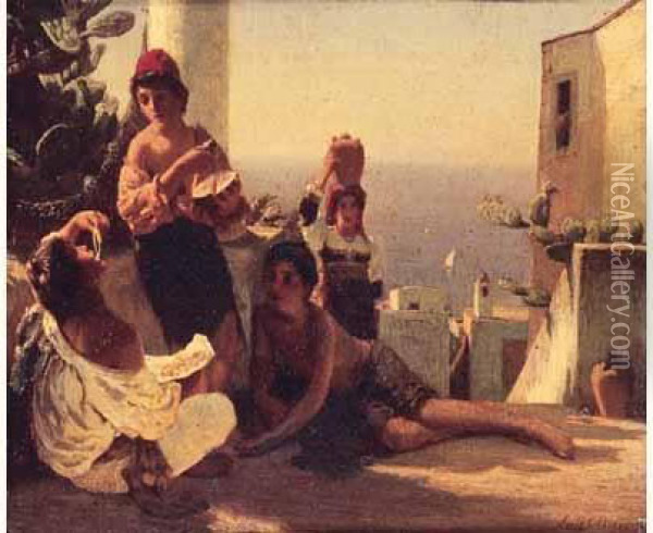 < Jeunes Italiens Sur Une Terrasse >. Oil Painting - Jules Ruinart De Brinant