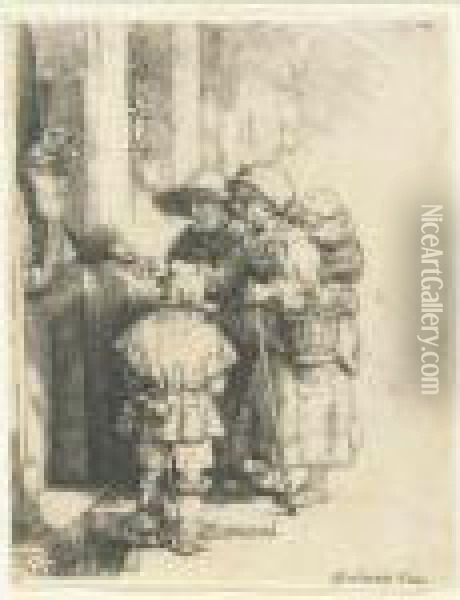 Beggars Receiving Alms At The Door Of A House (b., Holl. 176; H. 233; Bb. 48-c) Oil Painting - Rembrandt Van Rijn