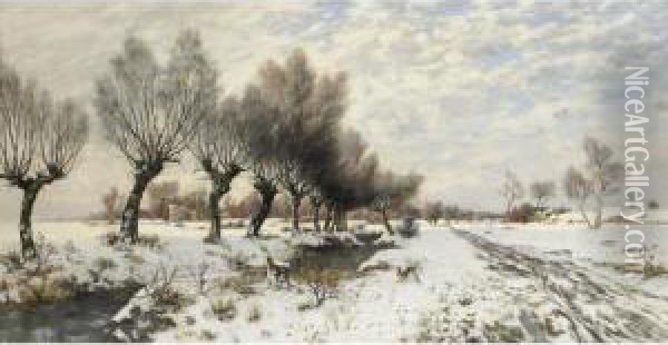 Winter Landscape With Rabbit Oil Painting - Jacob Oxholm Schiwe Schive