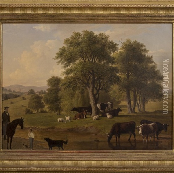 Cows And Sheep Watering At A Stream With A Child, Horse And Rider On The Other Bank Oil Painting - Thomas Hewes Hinckley