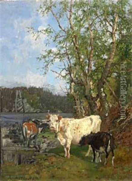 Kuer Ved Vanningssted Oil Painting - Anders Monsen Askevold