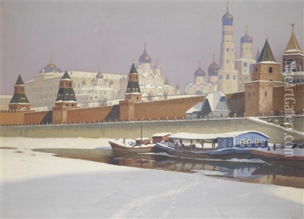 The Kremlin Under Snow Oil Painting - Mikhail Markianovich Germanshev