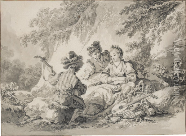 Two Men And A Lady Making Music In A Bucolic Setting Oil Painting - Jean-Baptiste Le Prince