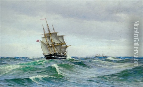 Tremastet Skib Pa Havet Oil Painting - Carl Ludvig Thilson Locher
