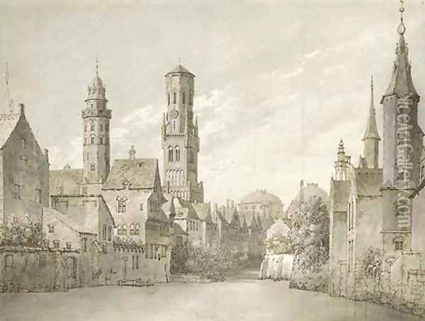 Two views of Bruges, Belgium Oil Painting - Joseph Farington