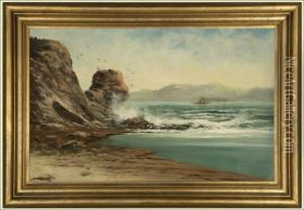Crashing Waves And Birds Flying In A Coastal Landscape Oil Painting - John Joseph Englehardt