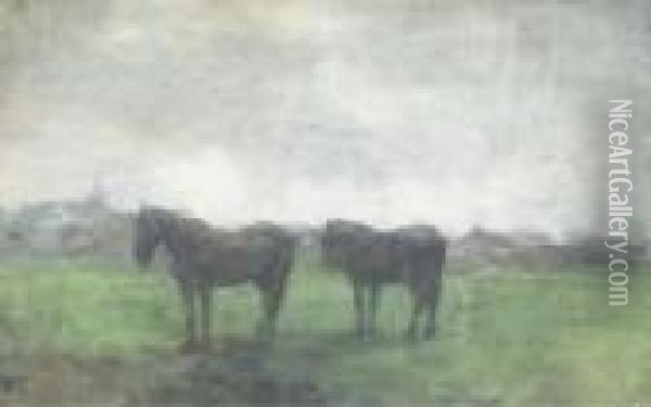 Horses In A Meadow Near Hattem Oil Painting - Floris Verster