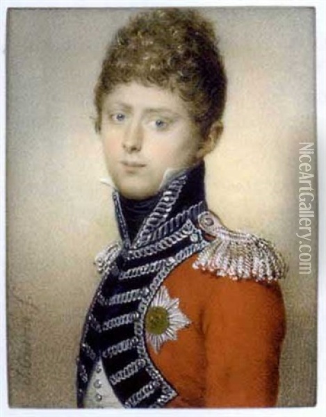 Crown Prince William Of Wurttemberg, In Red Coat With Silver-embroidered Blue Facings, Silver Epaulette, White Waistcoat And Black Cravat, Wearing The Breast-star Of The Royal Wurttemberg Order ... Oil Painting - Jean Urbain Guerin