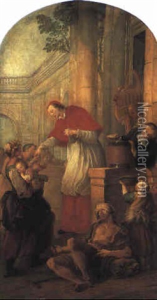 St. Carlo Borromeo Giving Alms To The Poor Oil Painting - Pierre Louis Dumesnil