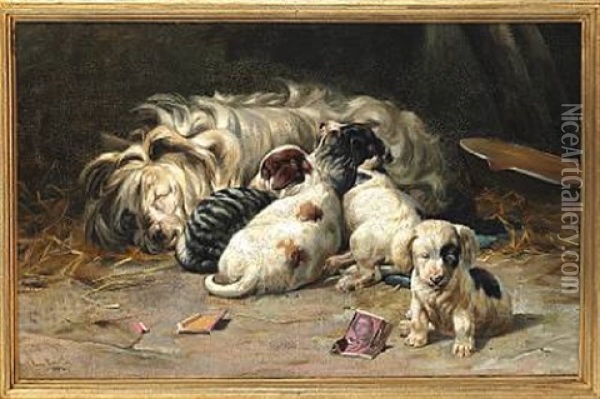 A Dog With Puppies Oil Painting - Simon Simonsen