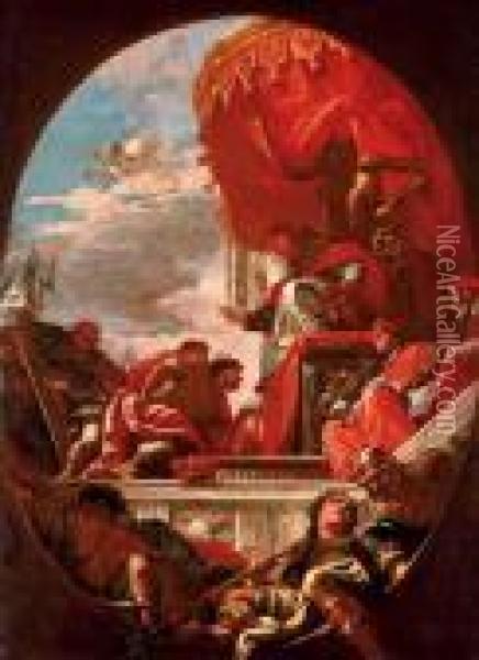 Pope Leo X Blessing Giuliano De'
 Medici, Duke Of Nemours And Lorenzo De' Medici, Duke Of Urbino Oil Painting - Sebastiano Ricci