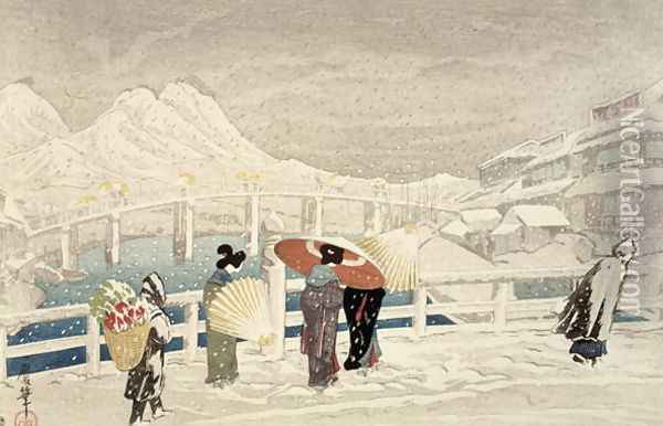 At Matsue Bridge on a Winters Day Oil Painting - Kazumaru