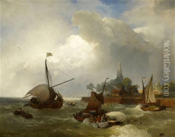 Hafeneinfahrt Von Emden Am Dollart Oil Painting - Andreas Achenbach