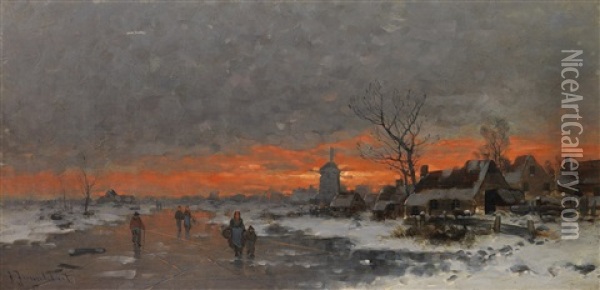 Winterlandschaft Mit Dorfsilhouette Im Abendrot Oil Painting - Johann Jungblut