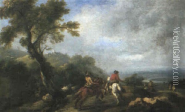 Wooded Landscape With Riders Oil Painting - Andrea Locatelli