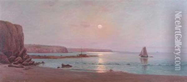 Moonlit Reflections Along The Coast To Normanville Oil Painting - James Ashton
