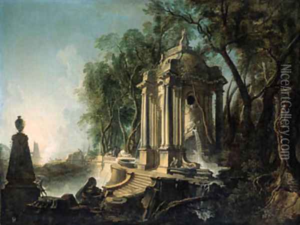 A wooded landscape with a marble pavillion and fountains, the sea beyond Oil Painting - Jacques de Lajoue