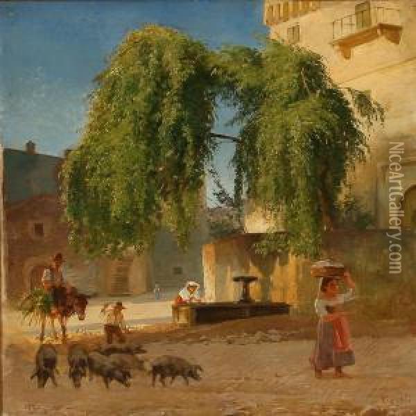 Street Scene From Frascati, Italy Oil Painting - Edvard Frederik Petersen