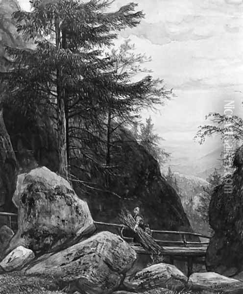A rocky wooded Slope with a Woman and Child crossing a Bridge Oil Painting - Jan Frederik Van Deventer
