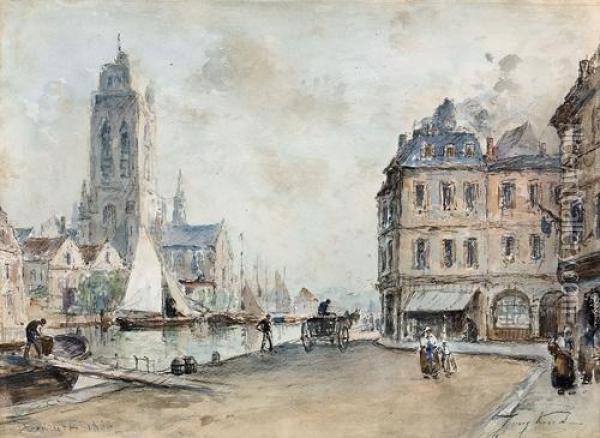 Platz Am Kanal In Dordrecht. Oil Painting - Johan Barthold Jongkind