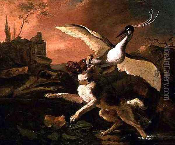 A Spaniel Attacking a Heron Oil Painting - Abraham Danielsz Hondius