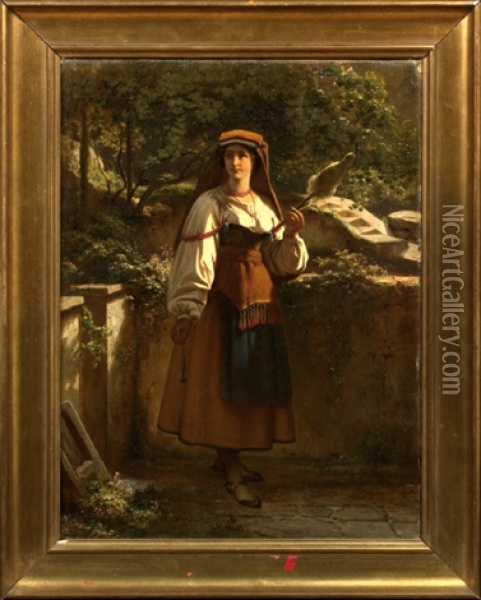 Country Maiden On A Terrace Holding Distaff And Spindle Oil Painting - Richard Freytag