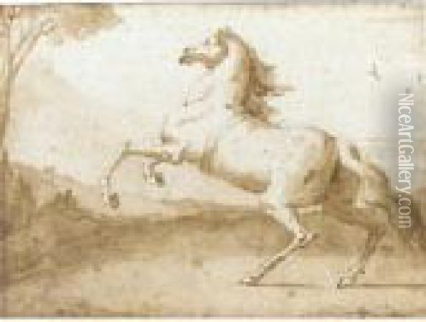 Rearing Horse In A Landscape Oil Painting - Giovanni Domenico Tiepolo