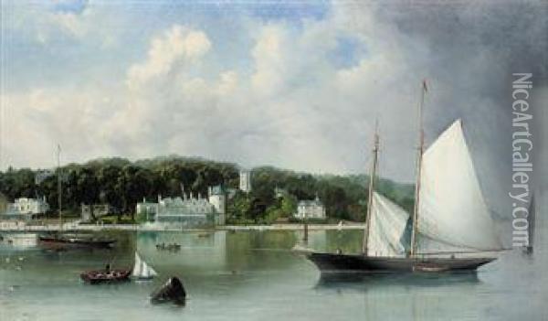 A Two-masted Racing Schooner Settling On The Tide Off The Royalyacht Squadron, Cowes Oil Painting - H. Forrest