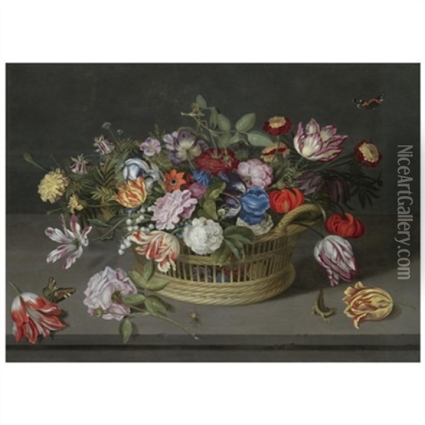 Still Life Of Flowers In A Basket On A Stone Ledge, Including Roses, Irises, Fritallary, Tulips, Lily Of The Valley, Columbine, French Marigold, Lily And Briar-rose... Oil Painting - Johannes Bosschaert