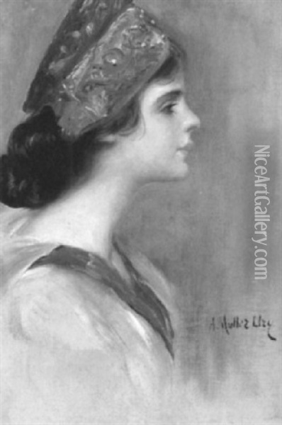 Portrait Of A Woman In Profile Oil Painting - Adolfo Felice Mueller-Ury