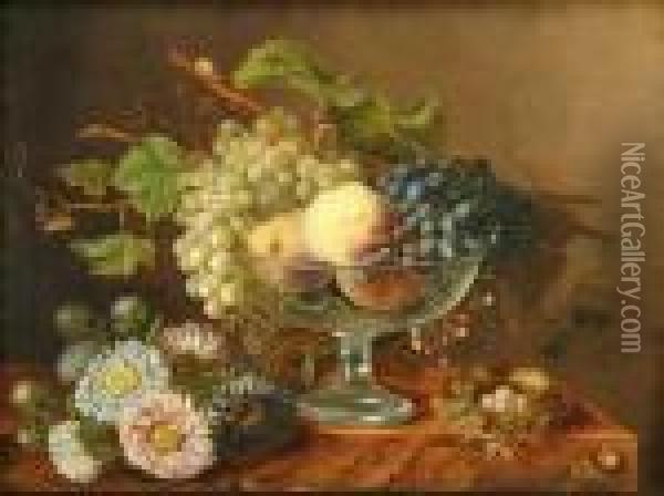 Still Life Of Flowers, Birds' Nests And Fruit In A Glassbowl Oil Painting - Charles Thomas Bale