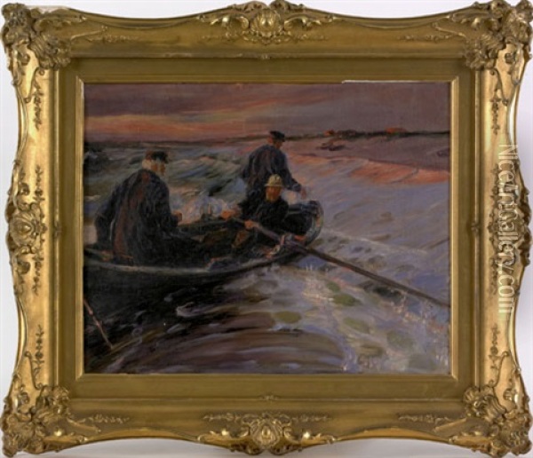 Of Three Men Landing A Row Boat Oil Painting - Ludwig Julius Christian Dettmann