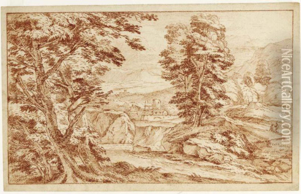A Southern Mountainous Landscape With A Small Village And Figures To The Right Resting Oil Painting - Adriaen Frans Boudewijns