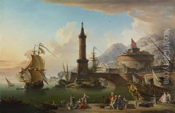 View Of A Mediterranean Seaport At Dusk, With Fishermen And Elegant Figures Gathered Along The Harbor As A Ship Pulls In Oil Painting - Charles Francois Lacroix