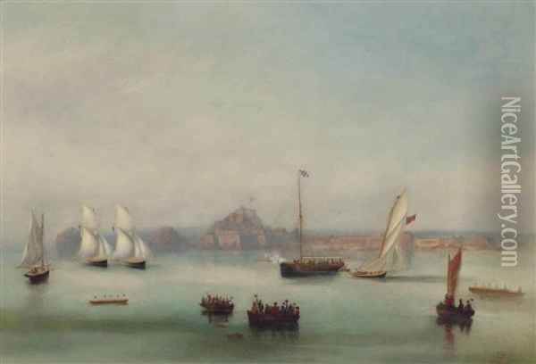 Bonita Crossing The Line, Ahead Of Luline And L'hirondelle After A Close-run Three-hour Race, On 21th August 1862, Off St Helier Oil Painting - Philip John Ouless