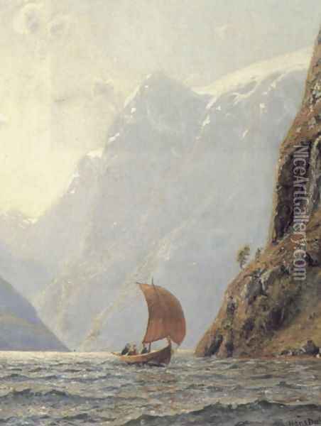 Sailing in a Fjord Oil Painting - Hans Dahl