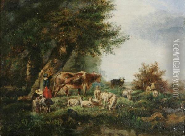 Attributed Shepherds With Herd Oil Painting - Henri Jos. Gommarus Carpentero