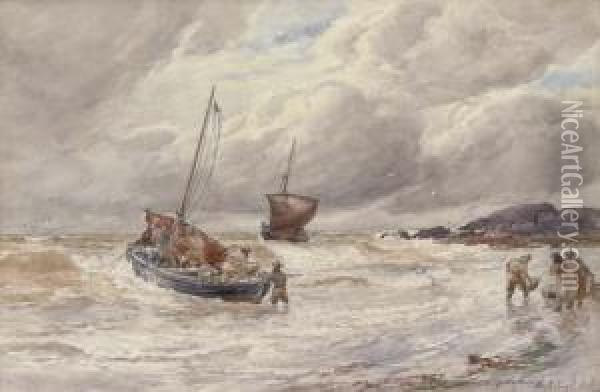 Rough Weather: Fishing Boats Unloading The Catch Oil Painting - Alexander Ballingall