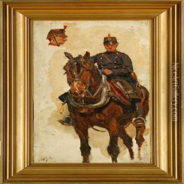 A Hussar On His Horse Oil Painting - Valdemar Irminger