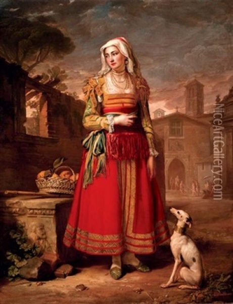 Portrait Of A Lady In Italian Costume With A Hound, In A Piazza Oil Painting - George James