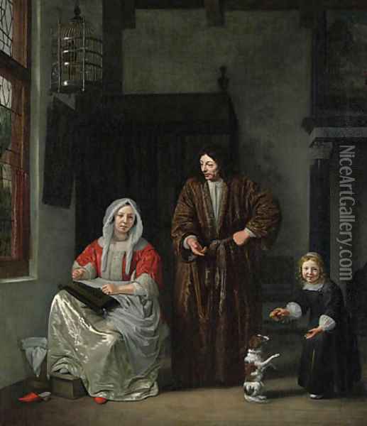 An elegant Family with a Dog in an Interior Oil Painting - Michiel van Musscher
